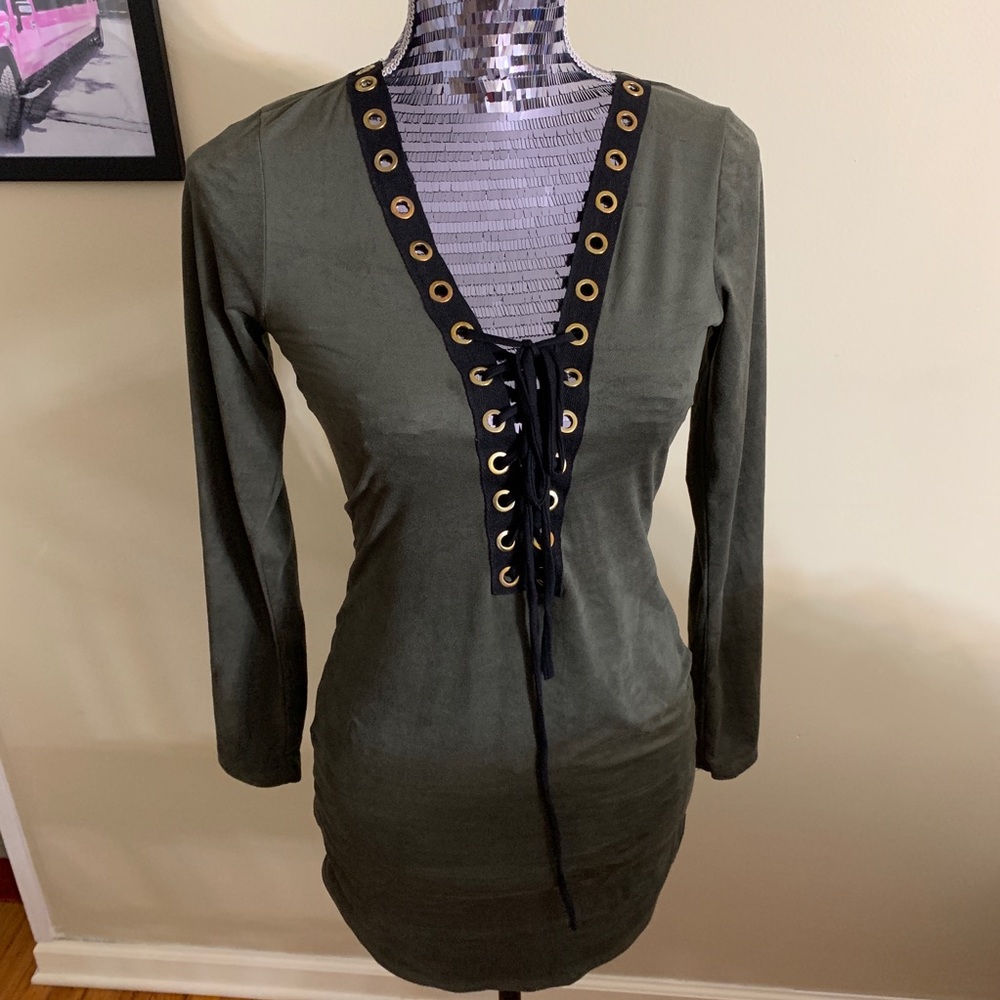 Olive Green Lace-Up Plunge Long Shirt/Dress